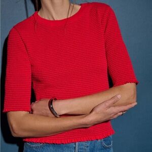 Nation Beverly Top Red Crewneck Ruched Ribbed Tshirt Knit Pima Cotton Sz M